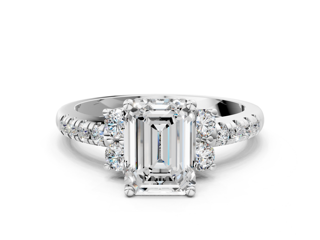 White gold Emerald Diamond Three-Stone Pave Band with Four-Prong Setting_61