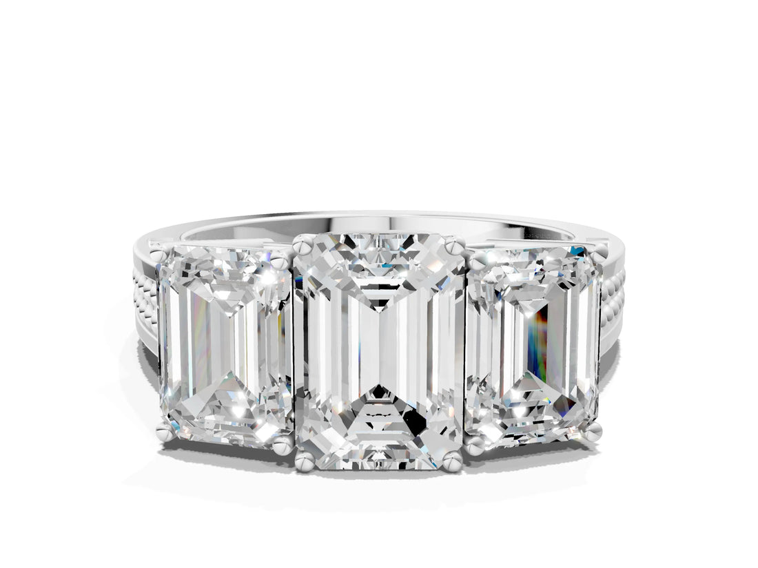 White gold Emerald Diamond Three-Stone Ring with Prong Setting and Textured Band_6