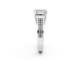 White gold Emerald Diamond Three-Stone Ring with Prong Setting and Textured Band_8