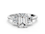 White gold Emerald Diamond Three-Stone Ring with Trapezoid Side Stones and Prong Setting_23