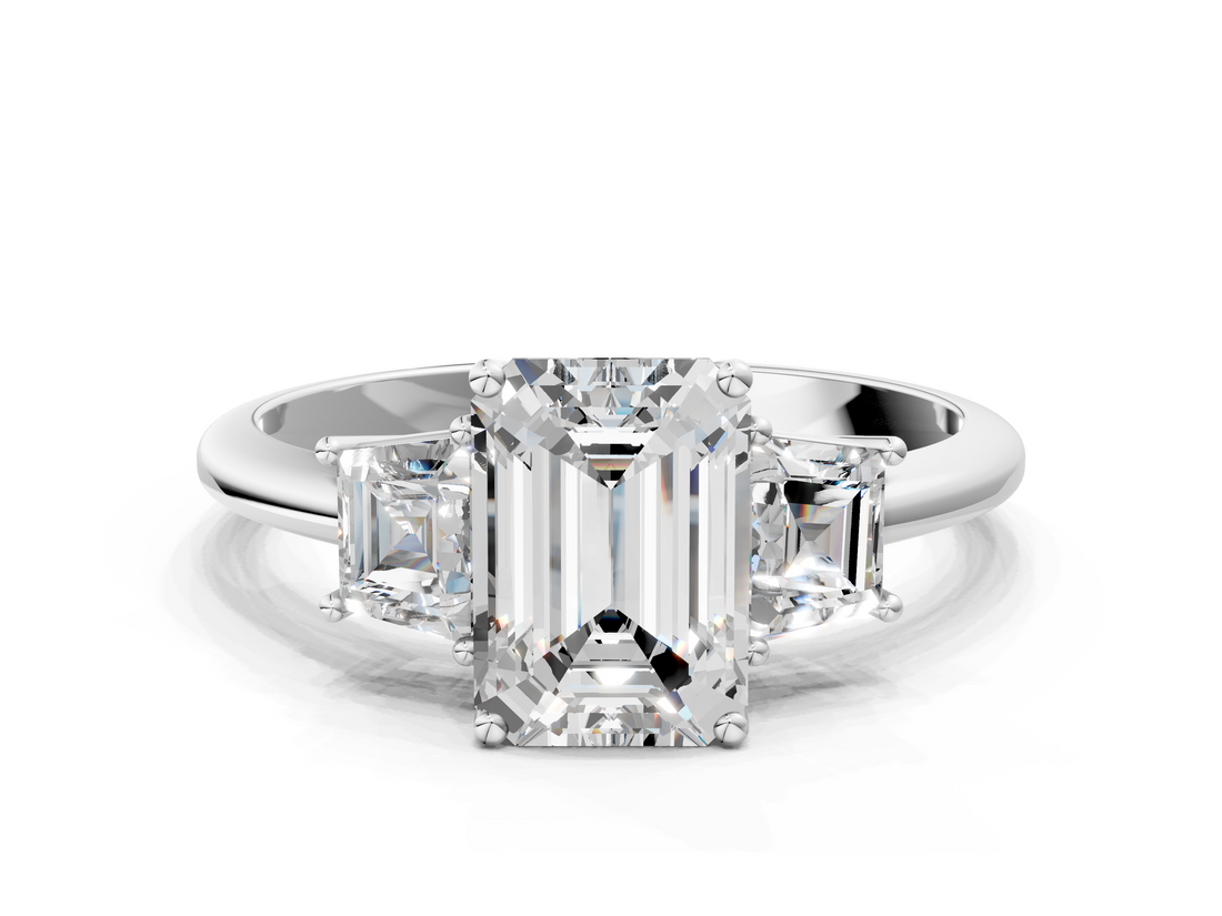 White gold Emerald Diamond Three-Stone Ring with Trapezoid Side Stones and Prong Setting_23