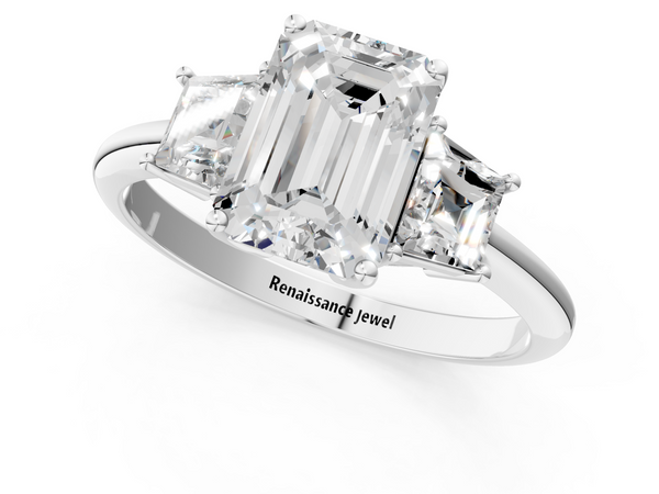 Platinum Emerald Cut Three Stone Engagement Ring Setting with Trapezoid Side Stones and Prong Head