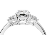 White gold Emerald Diamond Three-Stone Ring with Trapezoid Side Stones and Prong Setting_27