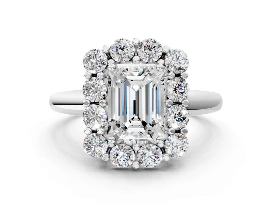 White gold Emerald Halo Cluster Diamond Engagement Ring with Prong Setting and Polished Band_20