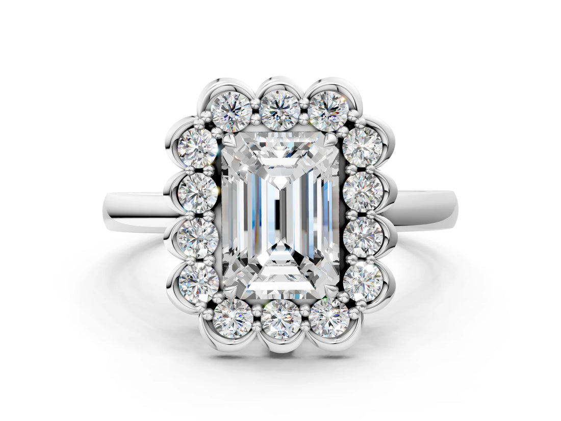 White gold Emerald Halo Cluster Diamond Engagement Ring with Solitaire Band and Prong Setting_49