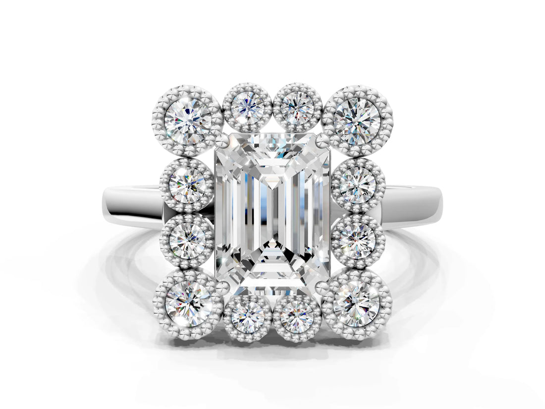 White gold Emerald Halo Diamond Cluster Engagement Ring with Milgrain Bezel Setting and Solitaire Band_39