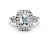 White gold Emerald Halo Diamond Engagement Ring with Filigree Band and Four-Prong Setting_81