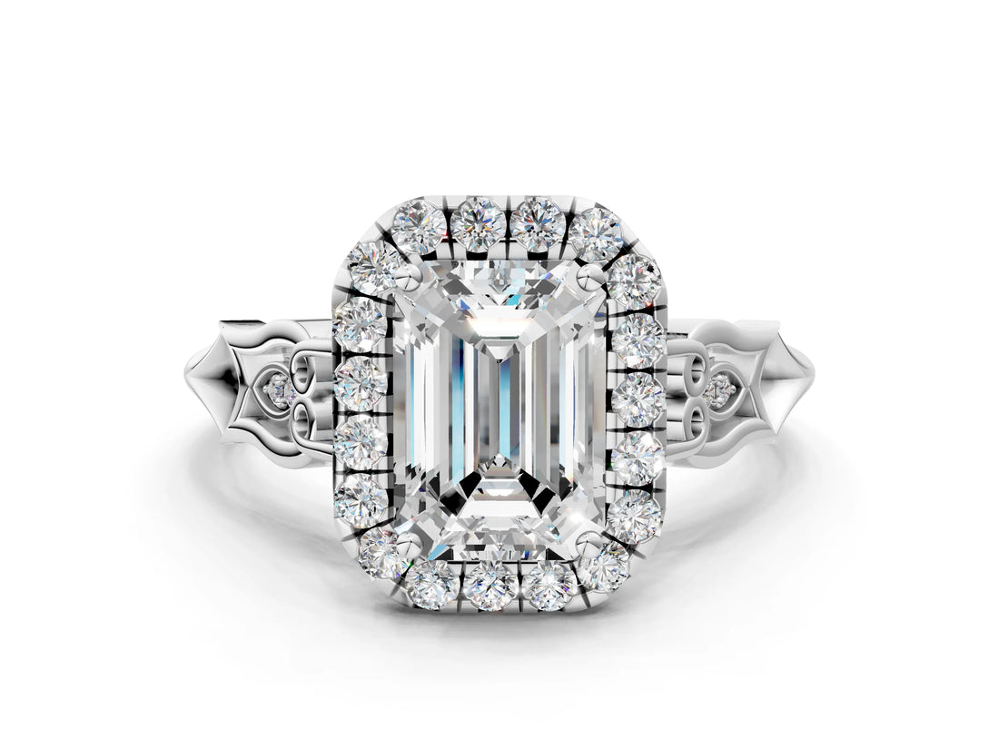 White gold Emerald Halo Diamond Engagement Ring with Filigree Band and Four-Prong Setting_81