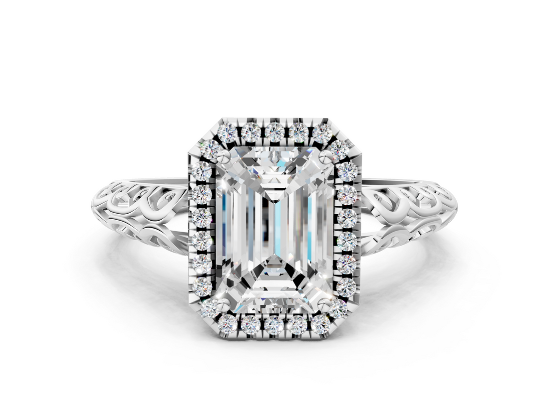 White gold Emerald Halo Diamond Engagement Ring with Intricate Filigree Band and Four-Prong Setting_37