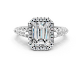 White gold Emerald Halo Diamond Engagement Ring with Intricate Filigree Band and Four-Prong Setting_37