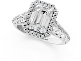 White gold Emerald Halo Diamond Engagement Ring with Intricate Filigree Band and Four-Prong Setting_38