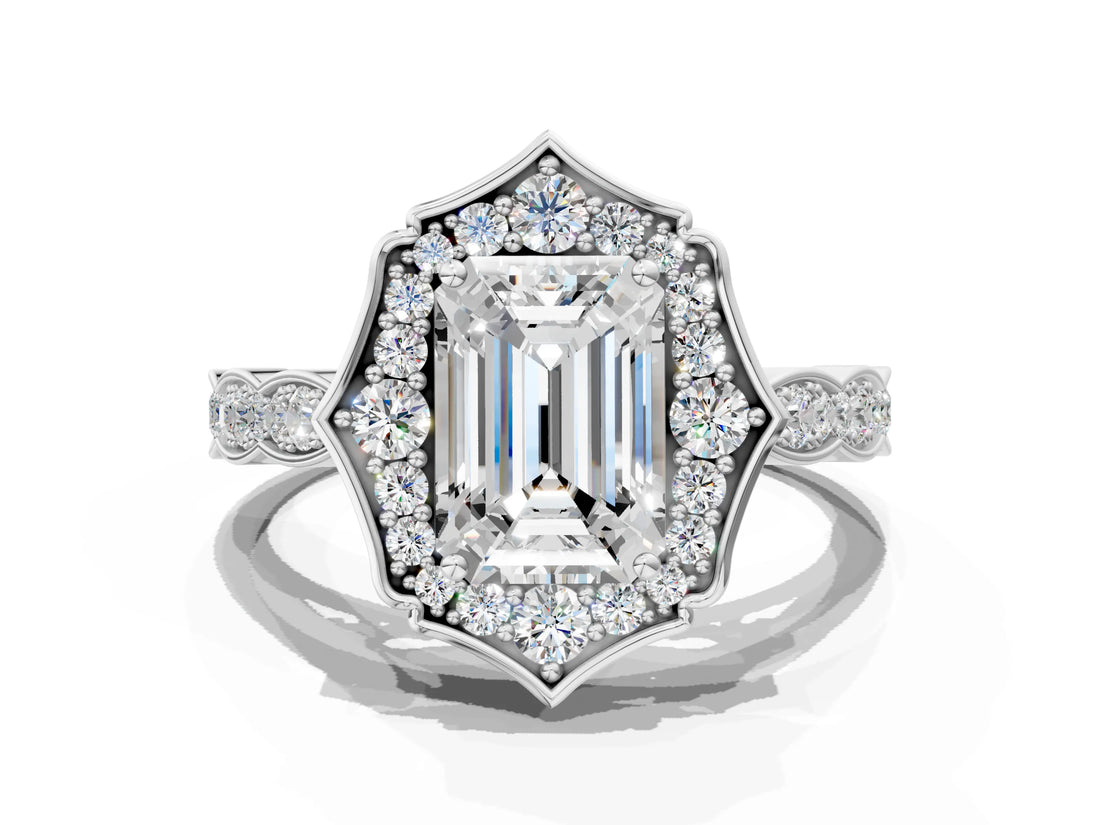 White gold Emerald Halo Diamond Engagement Ring with Milgrain Band and Four-Prong Setting_72