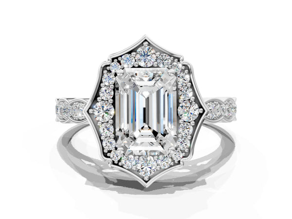 White gold Emerald Halo Diamond Engagement Ring with Milgrain Band and Four-Prong Setting