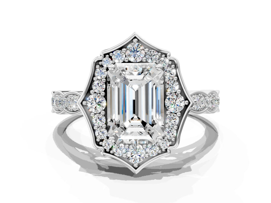 White gold Emerald Halo Diamond Engagement Ring with Milgrain Band and Four-Prong Setting