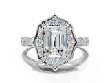 White gold Emerald Halo Diamond Engagement Ring with Milgrain Band and Four-Prong Setting_73