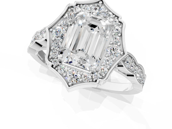 White gold Emerald Halo Diamond Engagement Ring with Milgrain Band and Four-Prong Setting