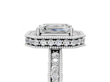 White gold Emerald Halo Diamond Engagement Ring with Milgrain Pave Band and Four-Prong Setting_122