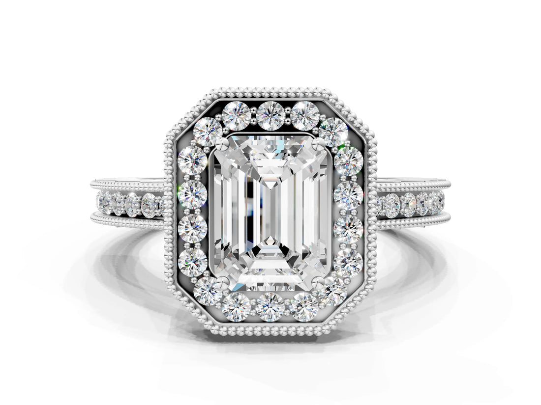 White gold Emerald Halo Diamond Engagement Ring with Milgrain Pave Band and Four-Prong Setting_123
