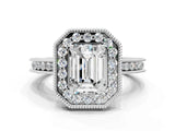 White gold Emerald Halo Diamond Engagement Ring with Milgrain Pave Band and Four-Prong Setting_123