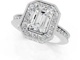 White gold Emerald Halo Diamond Engagement Ring with Milgrain Pave Band and Four-Prong Setting_124