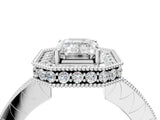 White gold Emerald Halo Diamond Engagement Ring with Milgrain Pave Band and Four-Prong Setting_127