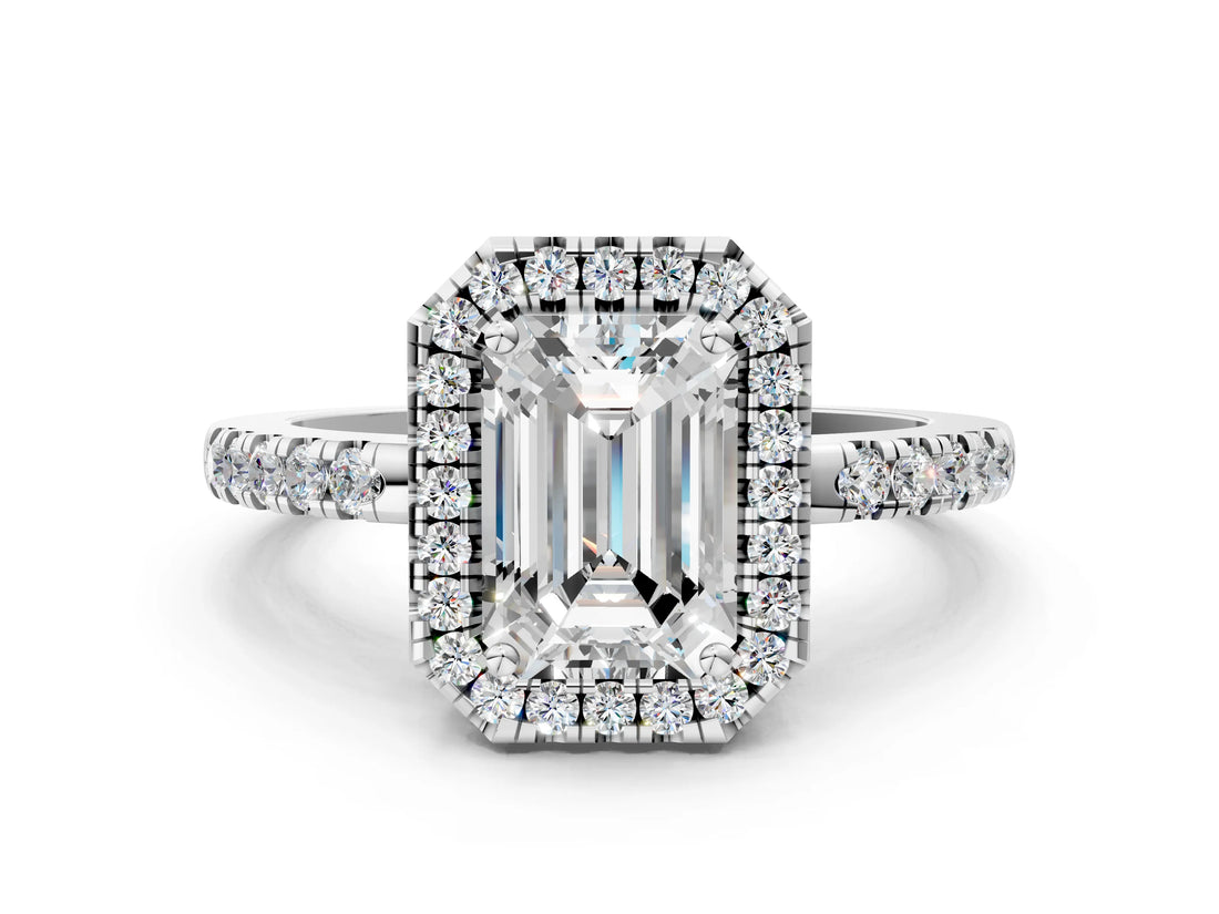White gold Emerald Halo Diamond Engagement Ring with Pavé Band and Four-Prong Setting_69