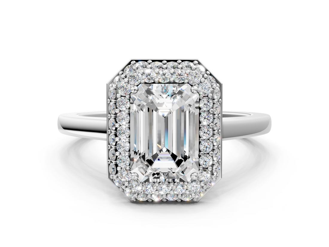 White gold Emerald Halo Diamond Engagement Ring with Solitaire Band and Four-Prong Setting_20