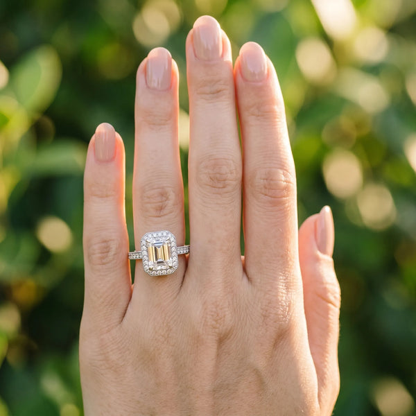 White gold Emerald Halo Diamond Engagement Ring with Split Shank Band and Four-Prong Setting