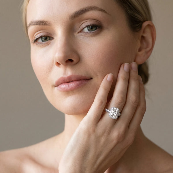 White gold Emerald Halo Diamond Engagement Ring with Split Shank Band and Four-Prong Setting
