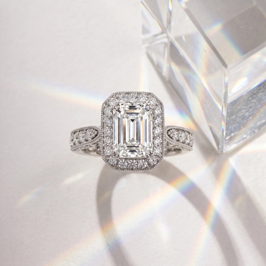 White gold Emerald Halo Diamond Engagement Ring with Split Shank Band and Four-Prong Setting
