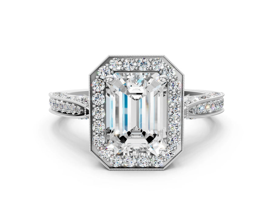 White gold Emerald Halo Diamond Engagement Ring with Split Shank Band and Four-Prong Setting
