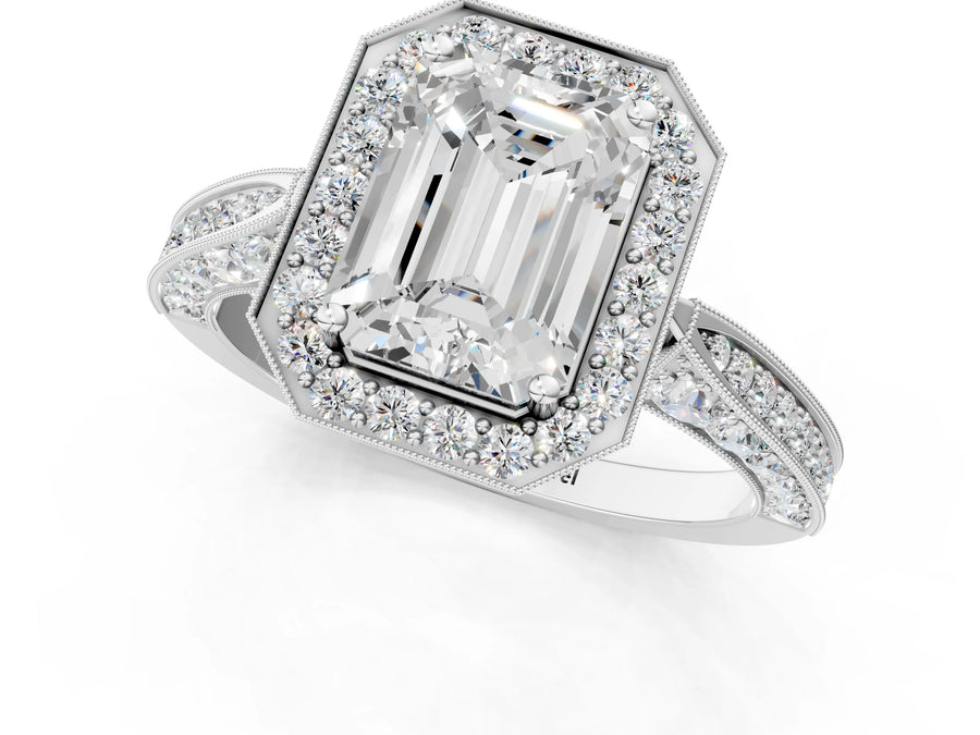 White gold Emerald Halo Diamond Engagement Ring with Split Shank Band and Four-Prong Setting