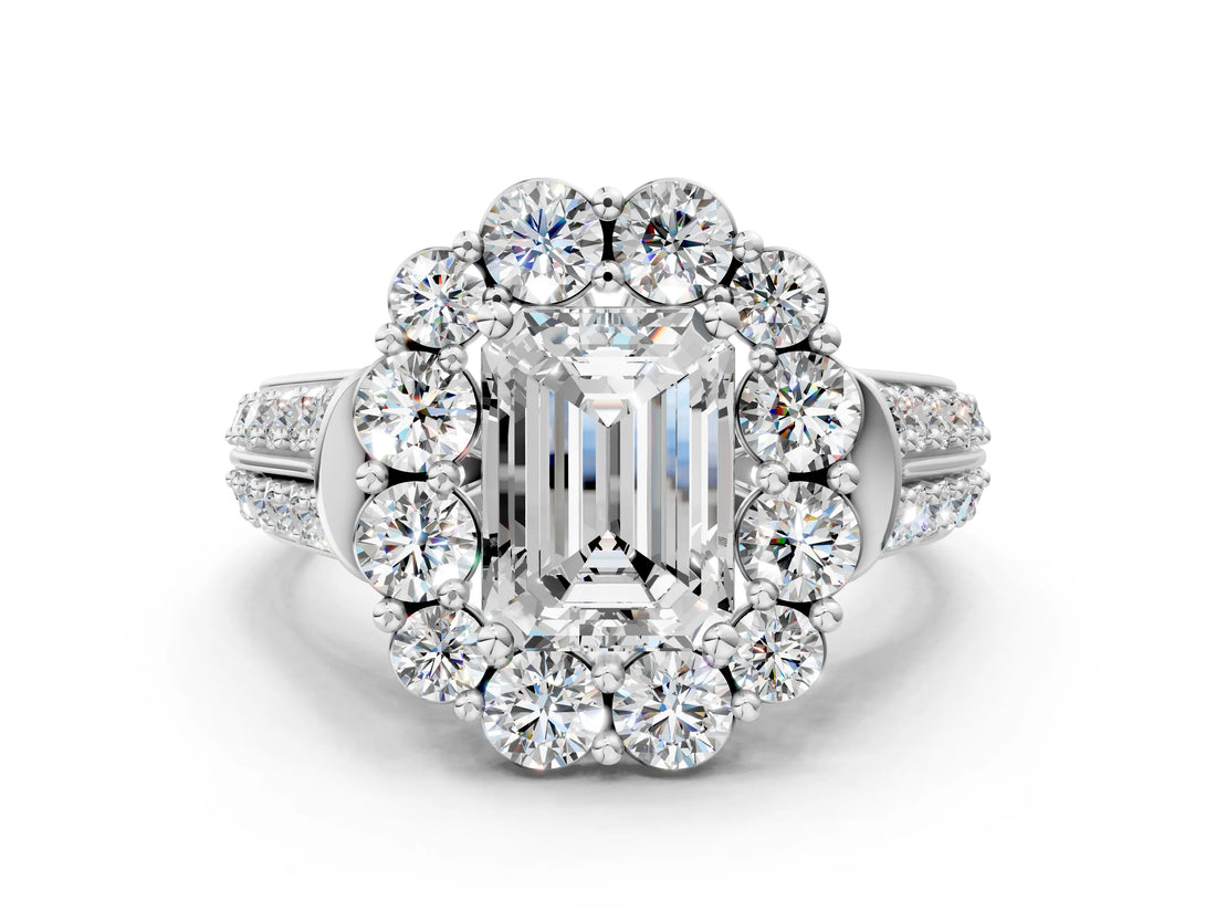 White gold Emerald Halo Diamond Engagement Ring with Split Shank and Prong Setting_65