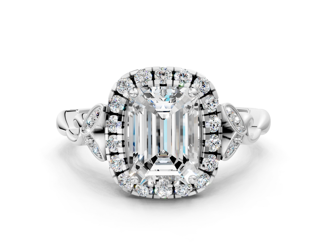 White gold Emerald Halo Diamond Engagement Ring with Vintage-Inspired Band and Four-Prong Setting_3