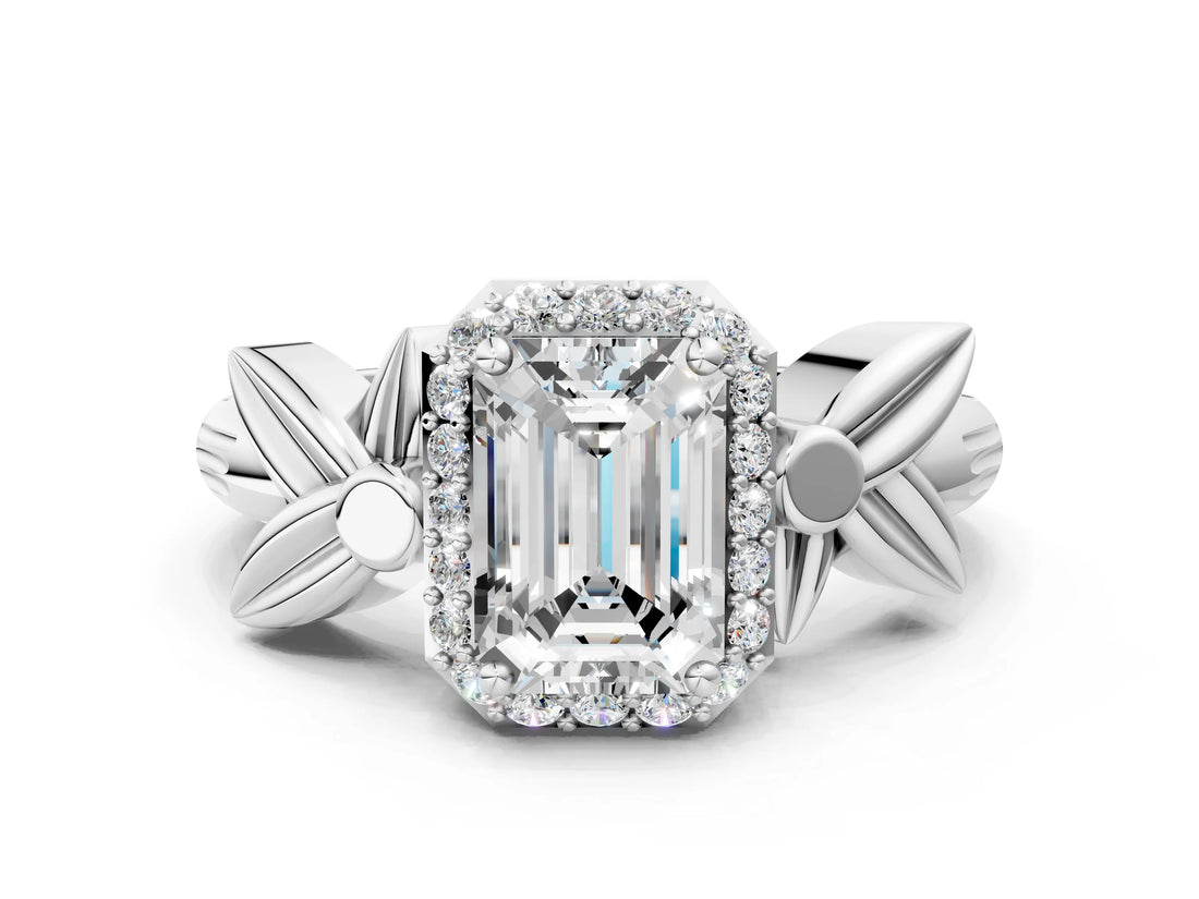 White gold Emerald Halo Diamond Floral Band with Four-Prong Setting_110