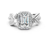 White gold Emerald Halo Diamond Floral Band with Four-Prong Setting_110