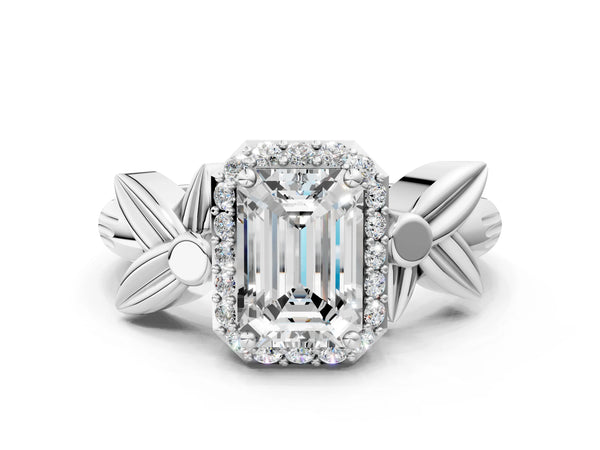 Platinum Emerald Cut Halo Engagement Ring Setting with Floral Leaf Shoulders