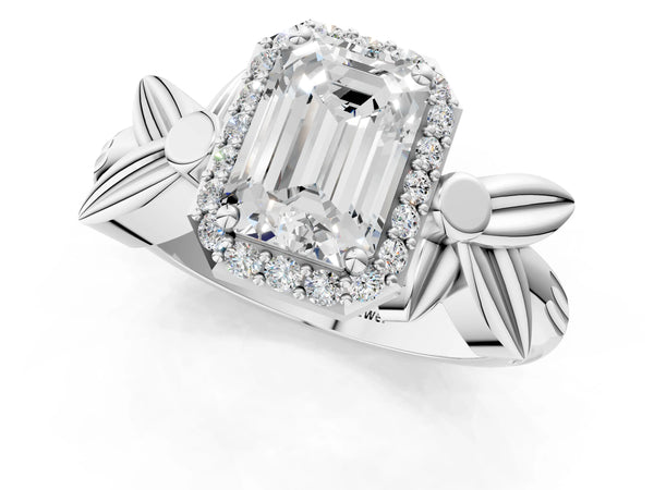 Platinum Emerald Cut Halo Engagement Ring Setting with Floral Leaf Shoulders