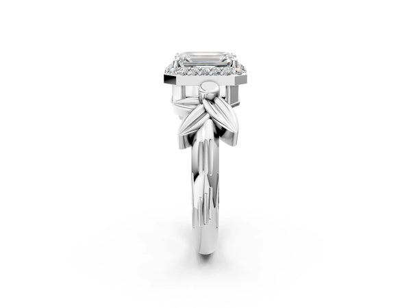 Platinum Emerald Cut Halo Engagement Ring Setting with Floral Leaf Shoulders