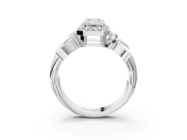 Platinum Emerald Cut Halo Engagement Ring Setting with Floral Leaf Shoulders