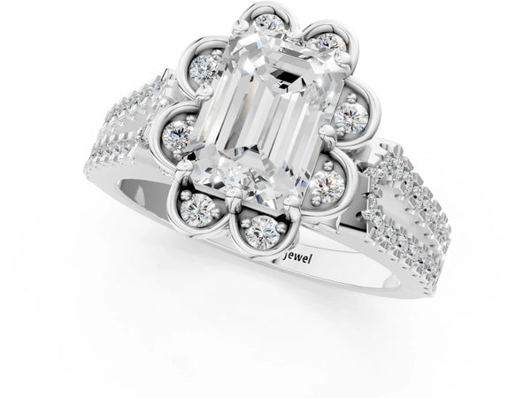 White gold Emerald Halo Diamond Floral Split Shank Engagement Ring