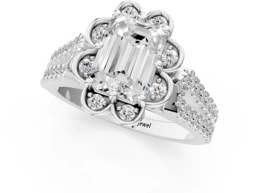 White gold Emerald Halo Diamond Floral Split Shank Engagement Ring