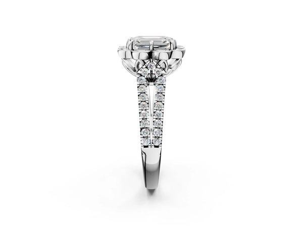 White gold Emerald Halo Diamond Floral Split Shank Engagement Ring