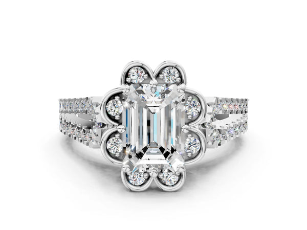 White gold Emerald Halo Diamond Floral Split Shank Engagement Ring