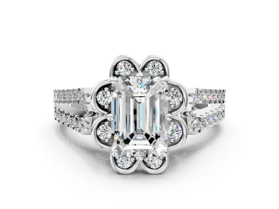 White gold Emerald Halo Diamond Floral Split Shank Engagement Ring