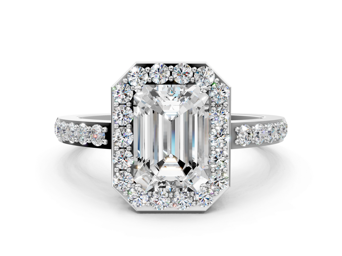 White gold Emerald Halo Diamond Pavé Band Ring with Prong Setting_20