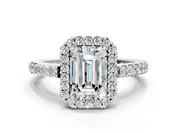 White gold Emerald Halo Diamond Pavé Solitaire Ring