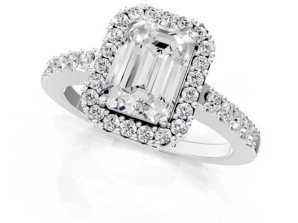 White gold Emerald Halo Diamond Pavé Solitaire Ring