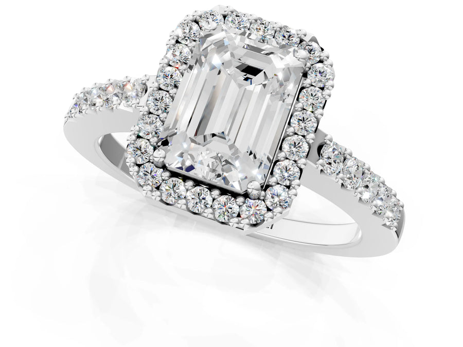 White gold Emerald Halo Diamond Pavé Solitaire Ring