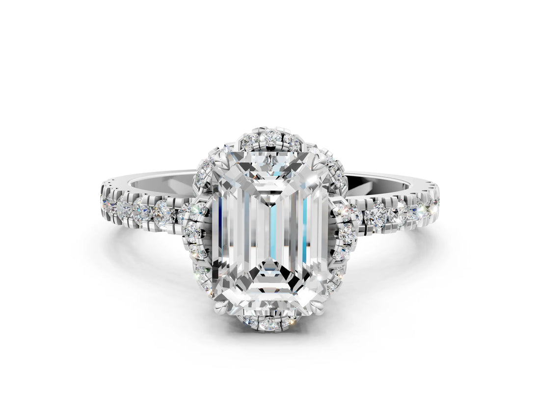 White gold Emerald Halo Diamond Pave Band Ring with Four-Prong Setting_15